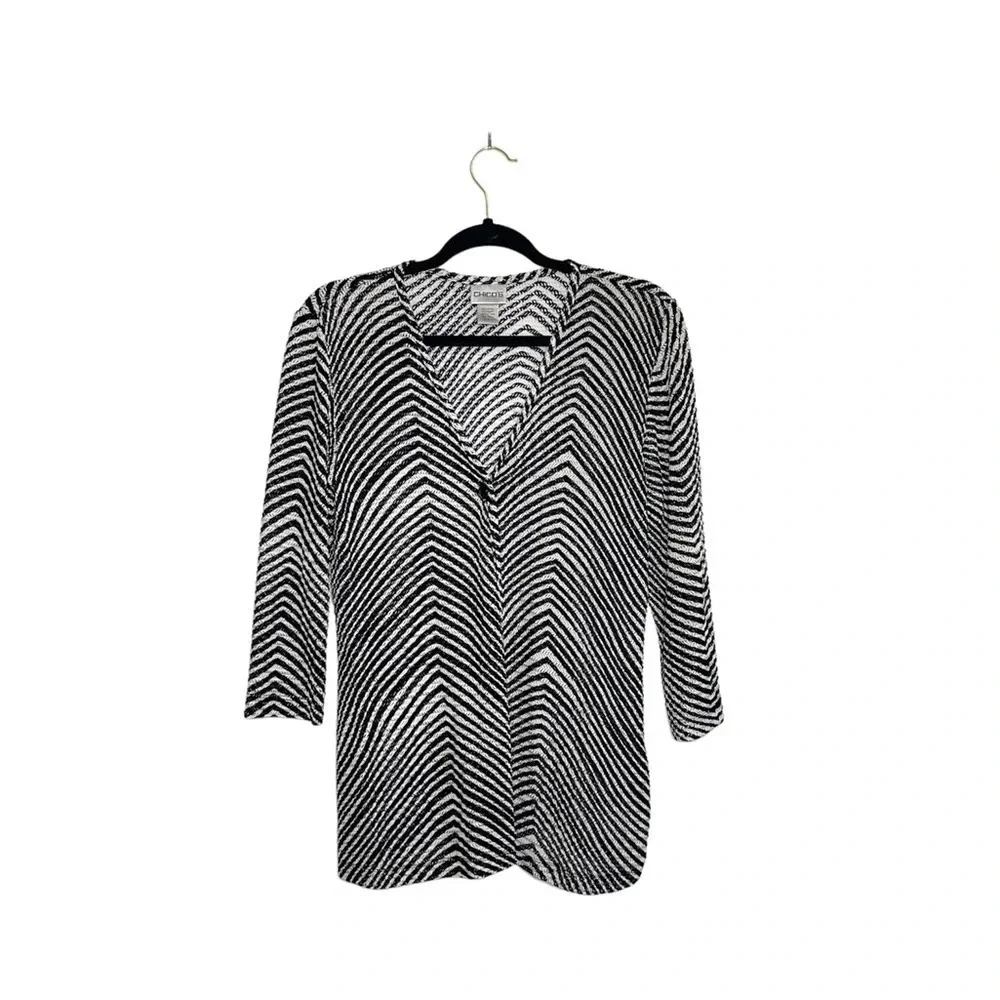Chico’s Cardigan Black & White Striped Button Thin Semi-sheer 0 Small Women’s